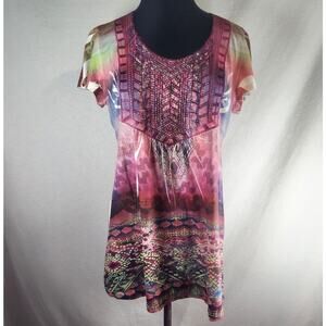 NWOT One World Medium Multi-Color Top Shiny Studded Yoke Neck Short Sleeve Boho